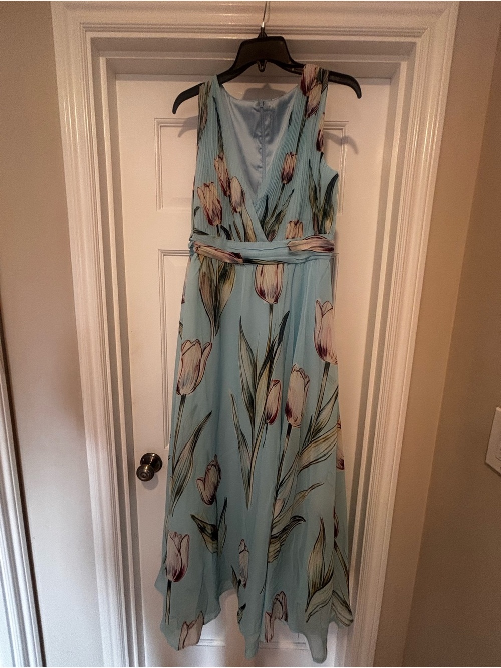 Light Blue Tulip-Print V-Neck Maxi Dress
